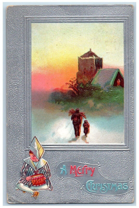 1911 Christmas Father And Child Way Back Home Winter Snow Embossed Postcard