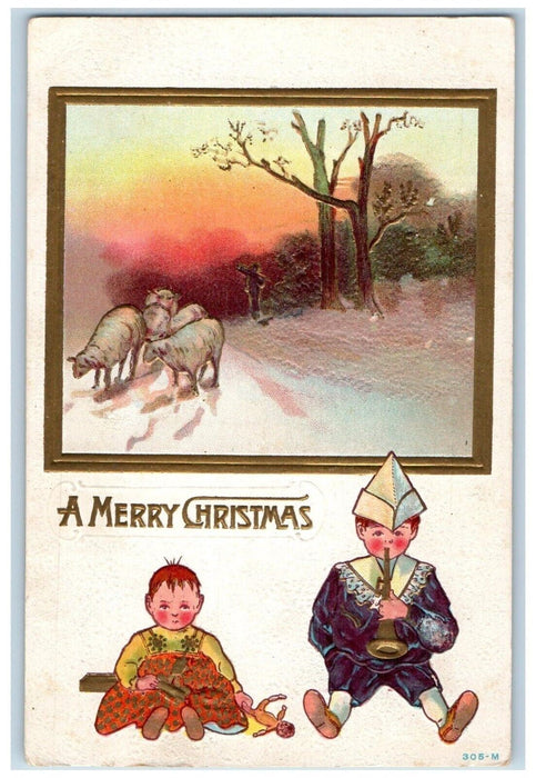 c1910's Christmas Little Girl Doll And Boy Horn Sheeps In Winter Snow Postcard