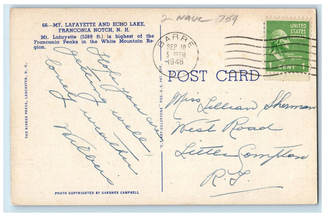 1948 Mt. Lafayette and Echo Lake Franconia Notch New Hampshire NH Postcard