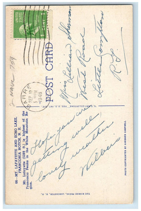 1948 Mt. Lafayette and Echo Lake Franconia Notch New Hampshire NH Postcard