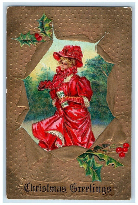 c1910's Christmas Greetings Girl Dress Curly Hair Gift Holly Embossed Postcard