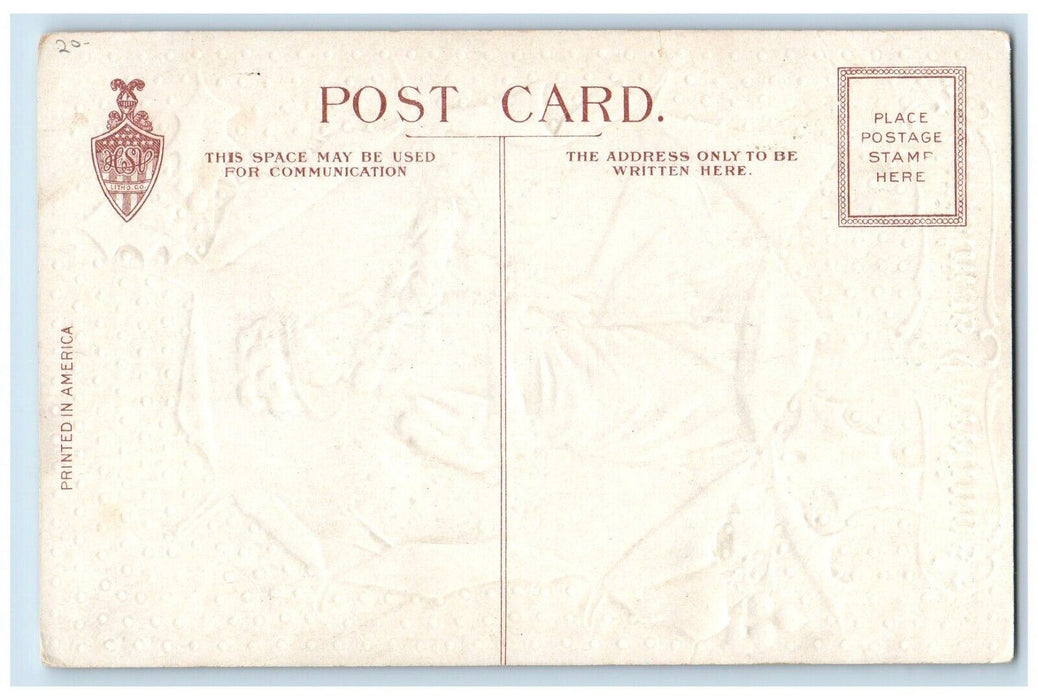 c1910's Christmas Greetings Girl Dress Curly Hair Gift Holly Embossed Postcard