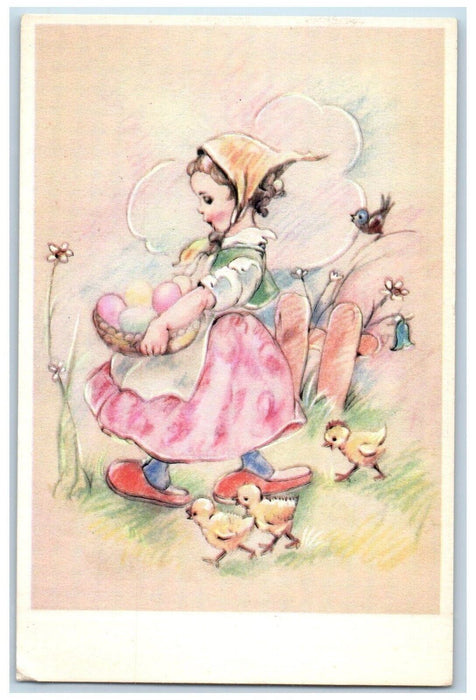 c1910's Easter Girl Maid Basket Of Eggs Chicks Bird Flowers Vintage Postcard