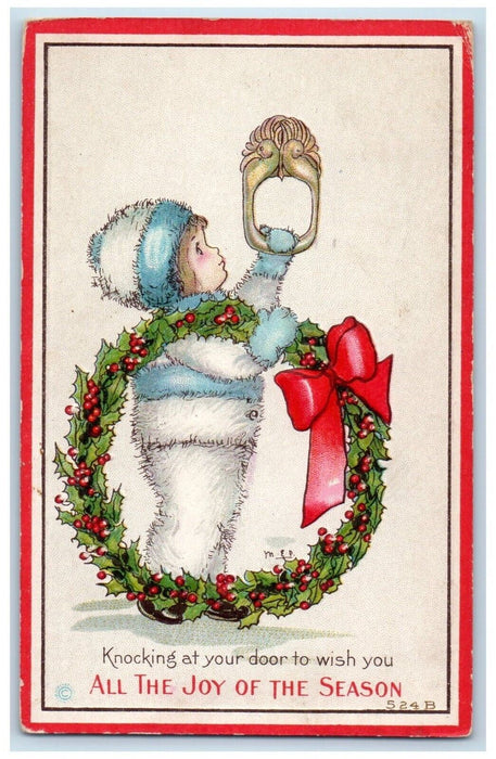 1910 Christmas Little Girl Knocking At Your Door Wreathe Decor Embossed Postcard