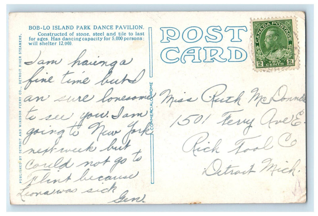 c1930's Dance Pavilion Bob Lo, Flowery  Rock, Island Park Canada Postcard