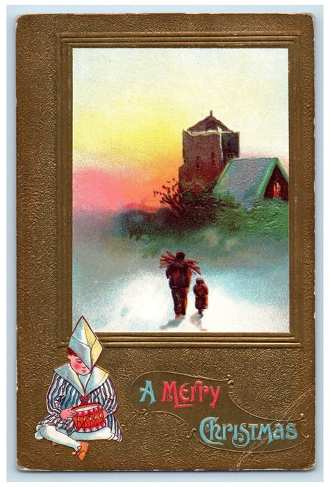 1909 Christmas Father And Child Going Home Drummer Boy Gold Border Postcard