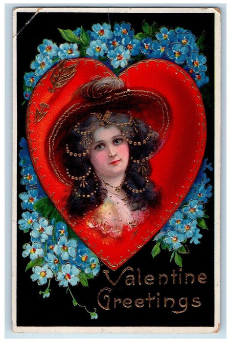 Valentine Greetings Heart Pansies Flowers Gel Gold Gilt Embossed Postcard
