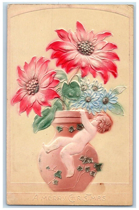 1911 Christmas Boy Bare Butt Hanging Poinsettia Flowers Pot Embossed Postcard