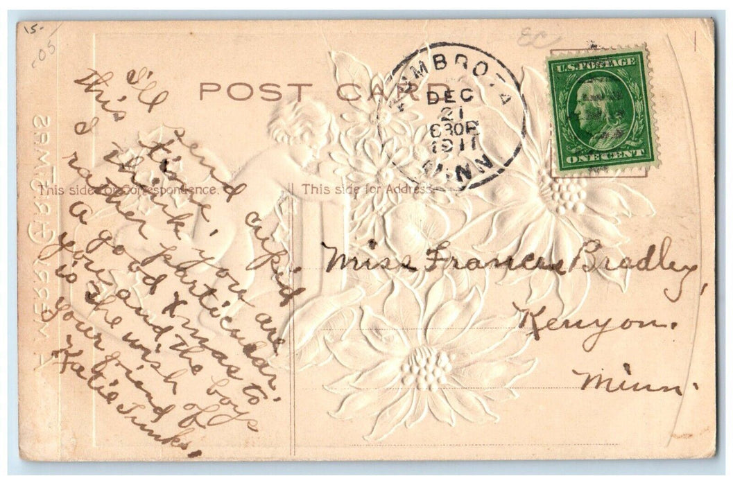 1911 Christmas Boy Bare Butt Hanging Poinsettia Flowers Pot Embossed Postcard