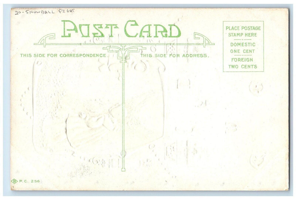 c1910's Christmas Greetings Girl Hiding Boy Snowball Fight Embossed Postcard