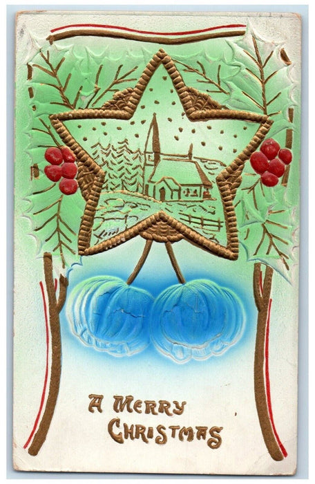 c1910's Christmas Gold Star And Blue Flowers Embossed Posted Antique Postcard
