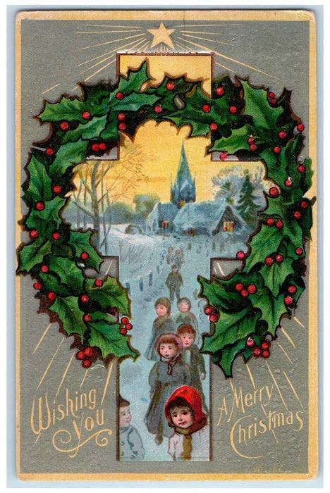 1908 Christmas Holly Wreathe Childrens Walking In Winter Snow Embossed Postcard