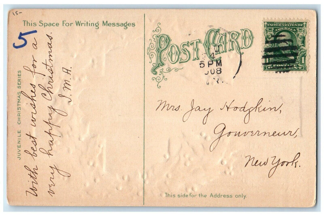1908 Christmas Holly Wreathe Childrens Walking In Winter Snow Embossed Postcard