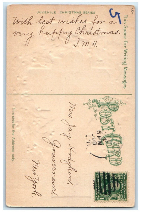 1908 Christmas Holly Wreathe Childrens Walking In Winter Snow Embossed Postcard