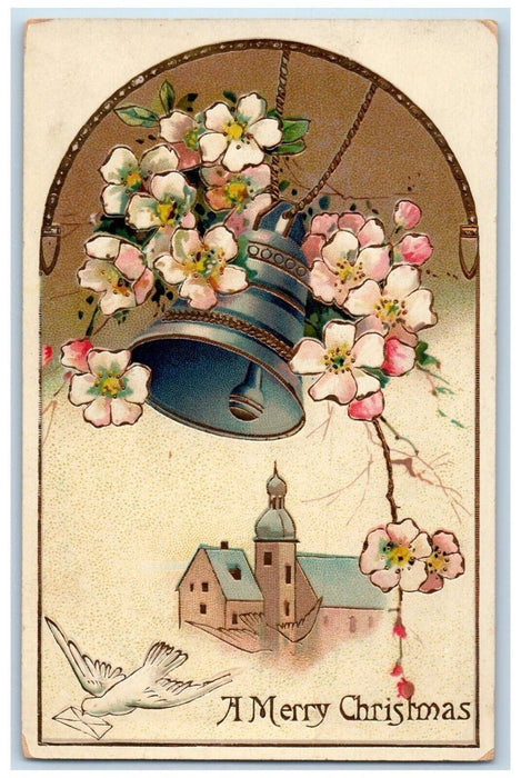 1910 Christmas Church Bell And Flowers Dove Gel Gold Gilt Embossed Postcard