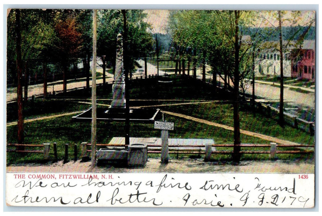 1907 Monument The Common Fitzwilliam New Hampshire NH Antique Postcard