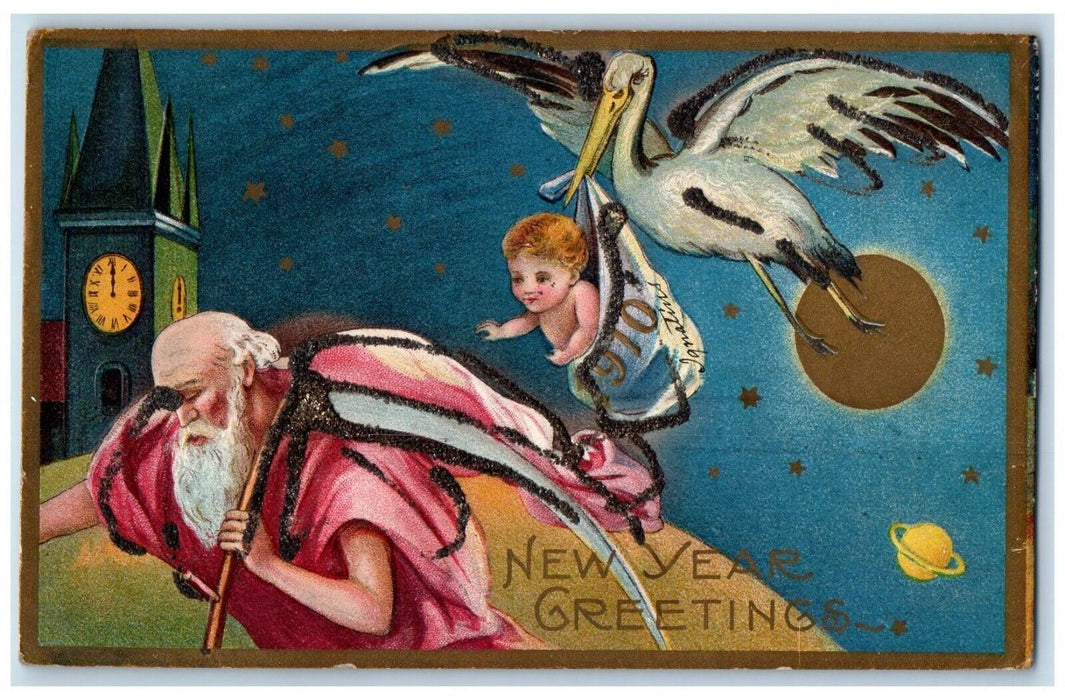 New Year Greetings Father Time Stork Carrying Baby Embossed Glitter Postcard