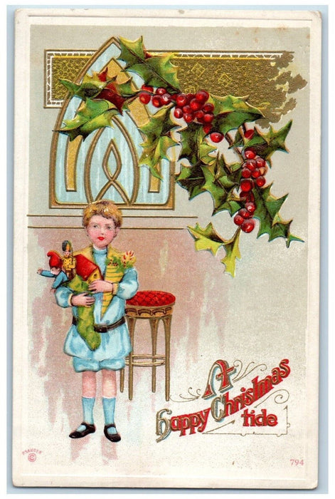 c1910's Christmas Tide Colonial Boy And His Toys Holly Berries Embossed Postcard