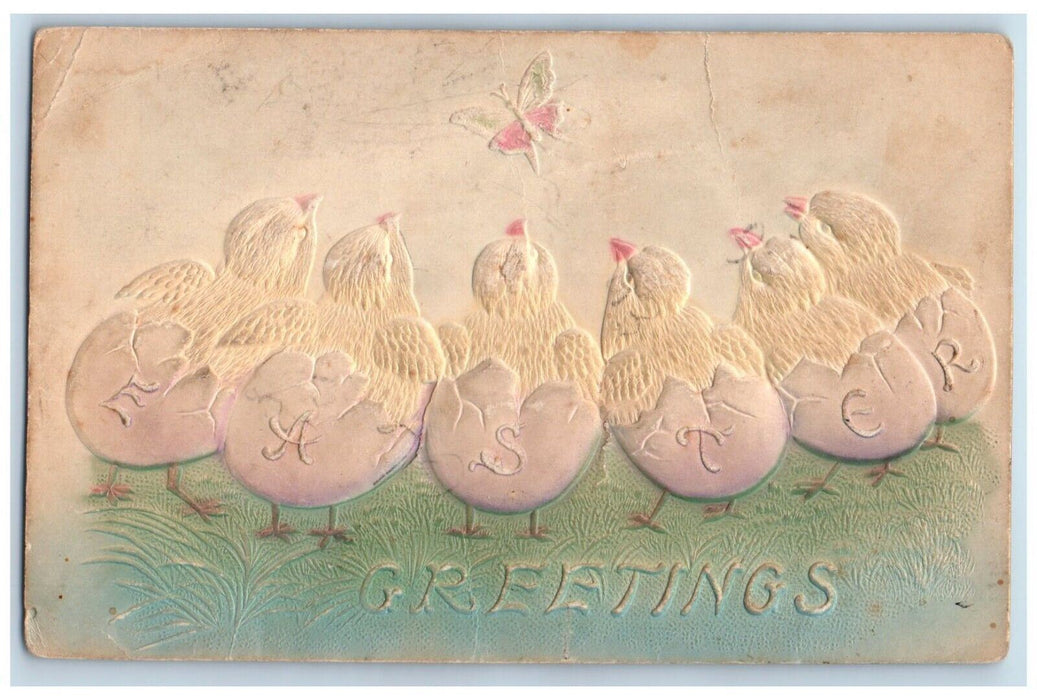 c1910's Easter Greetings Hatched Eggs Chicks Butterfly Airbrushed Postcard