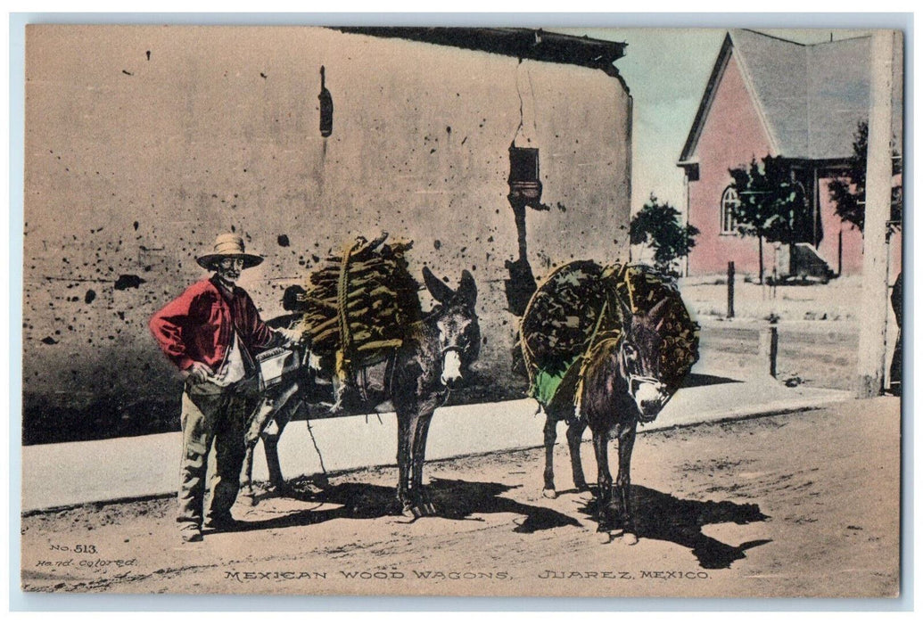 c1910 Mexican Wood Wagons Juarez Mexico Fred Harvey Hand-Colored Postcard