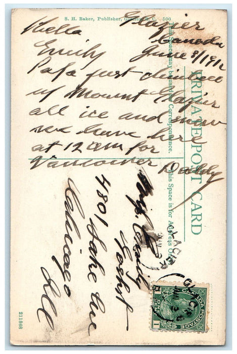 c1910 Mt. Sir Donald Glacier British Columbia Canada Posted Antique Postcard