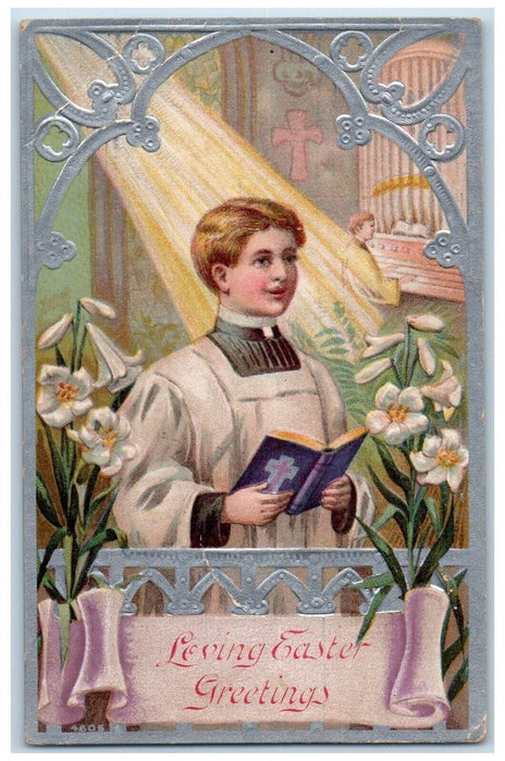 c1910's Easter Greetings Church Boy Bible Lilies Flowers Embossed Postcard