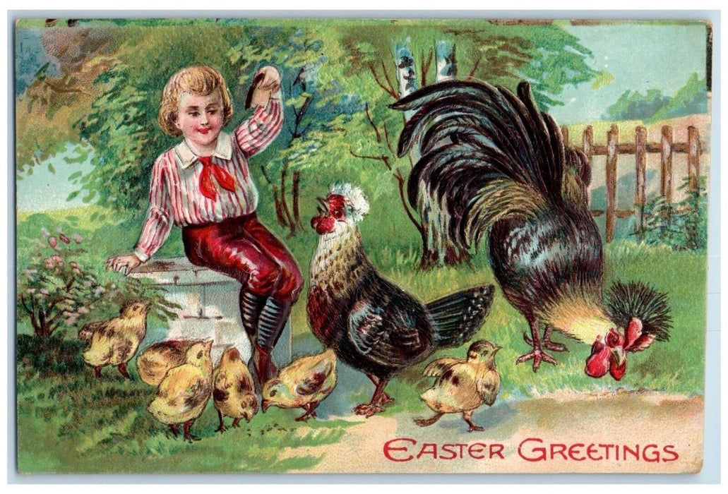 c1910's Easter Greetings Kid Feeding Rooster Chicken Hen Chicks Antique Postcard