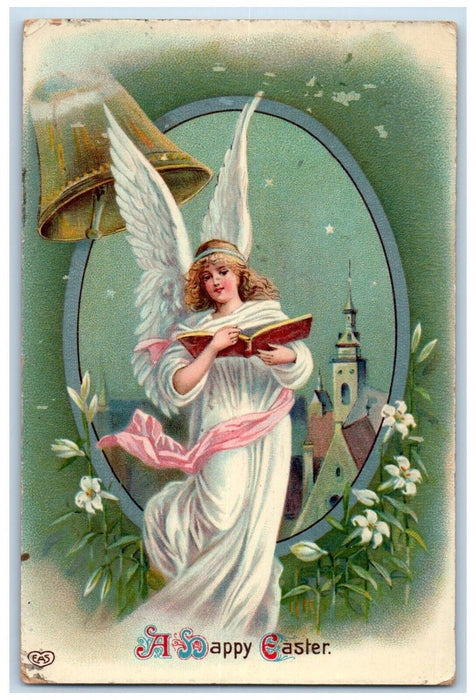 1913 Happy Easter Angel With Book Ringing Bell Lilies Flowers Gel Postcard