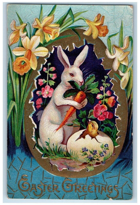 c1910's Easter Greetings Hatched Egg Chick Rabbit Carrots Flowers Nash Postcard