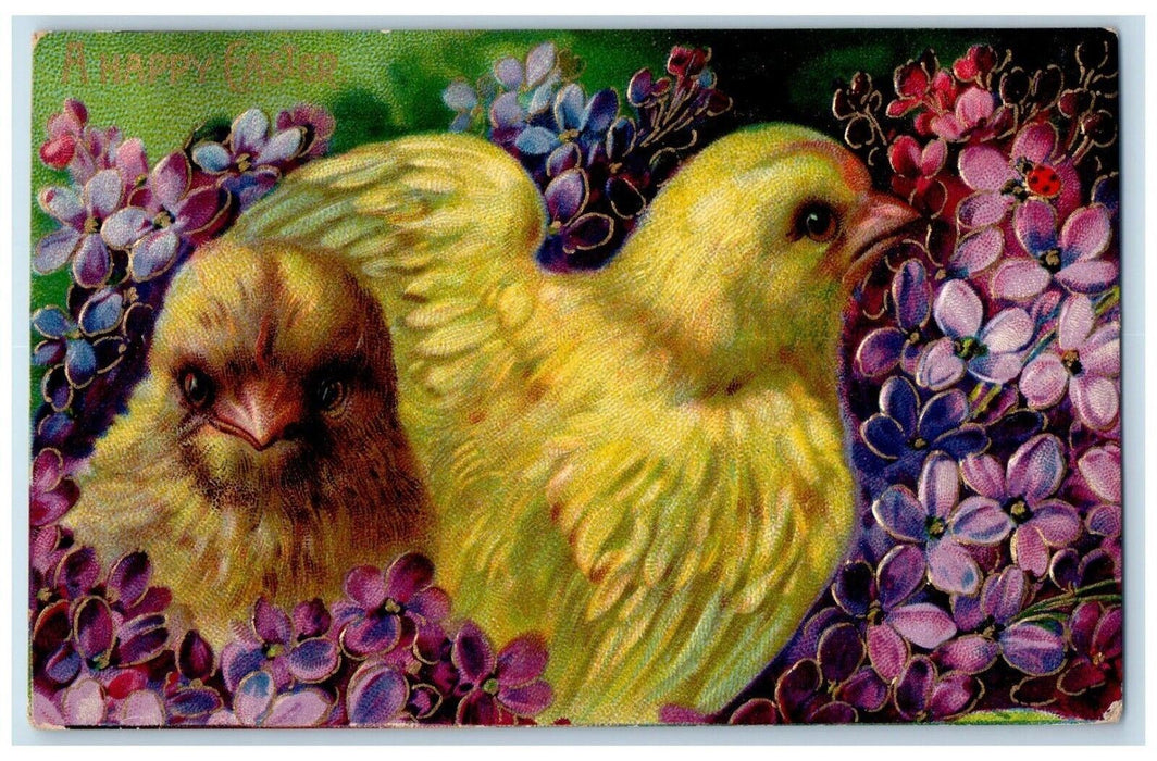 1910 Easter Big Chick On Pansies Flowers Bellflower Illinois IL Antique Postcard