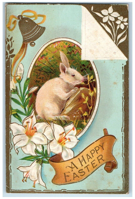c1910's Easter Rabbit Flowers Ringing Bell Elwood Iowa IA Embossed Postcard