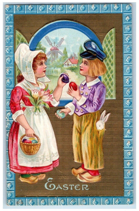 Easter Dutch Kids Bunny Rabbit In Pocket Eggs Basket Flowers Windmill Postcard