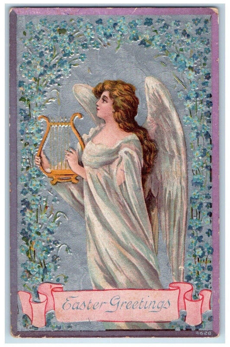 c1910's Easter Greetings Angel Playing Lyre Pansies Flowers Embossed Postcard