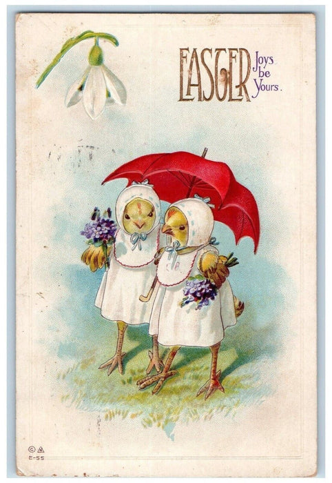 1914 Easter Joys Anthropomorphic Chicks Umbrella Lily Pansies Flowers Postcard