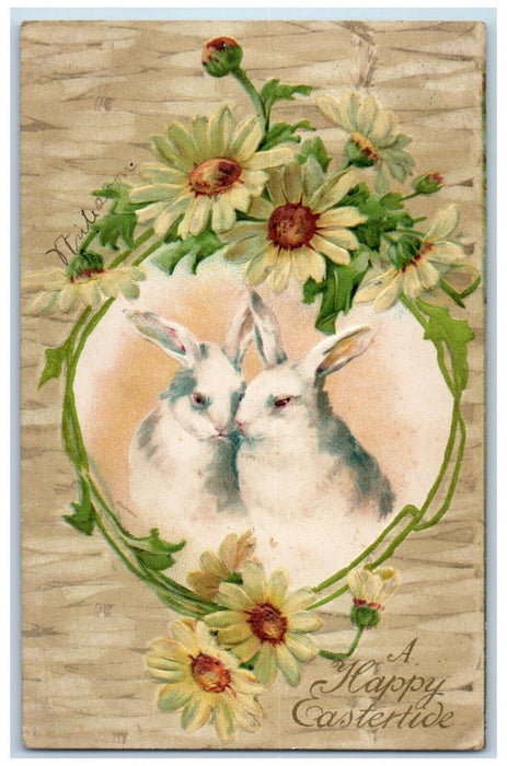 1907 Happy Easter Rabbit Flowers Embossed Nash Elwood Iowa IA Antique Postcard