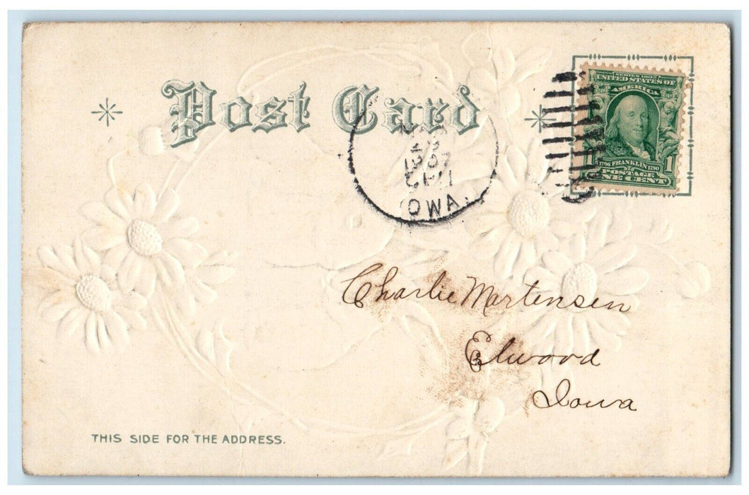 1907 Happy Easter Rabbit Flowers Embossed Nash Elwood Iowa IA Antique Postcard