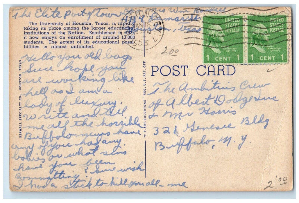 1953 The New Campus At The University Houston Texas TX Posted Vintage Postcard
