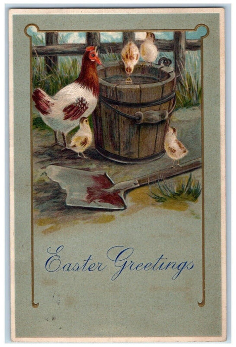 1908 Easter Greetings Chicken Chicks Bucket Shovel Embossed Antique Postcard