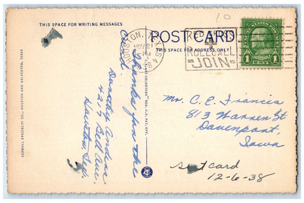 1938 The Great Seawall Protecting Galveston Texas TX Vintage Postcard