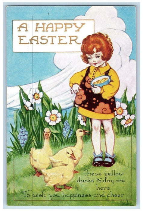 c1910's Happy Easter Little Girl Feeding Yellow Ducks Unposted Antique Postcard