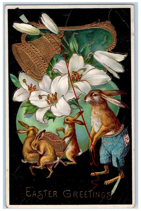 Easter Greetings Anthropomorphic Rabbit Ringing Bell Lily Gel Gold Gilt Postcard