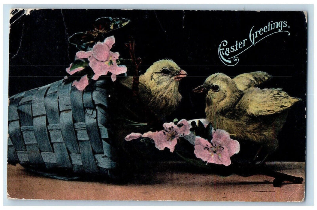 1908 Easter Greetings Chicks Basket Flowers Butterfly Smithland Iowa IA Postcard