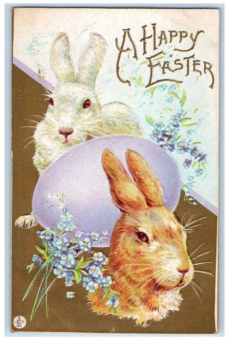 1913 Easter Rabbit Egg Pansies Flowers Embossed Elwood Iowa IA Antique Postcard