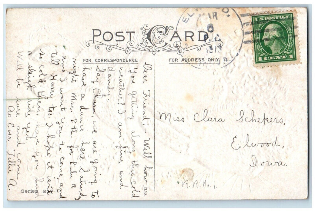 1913 Easter Rabbit Egg Pansies Flowers Embossed Elwood Iowa IA Antique Postcard
