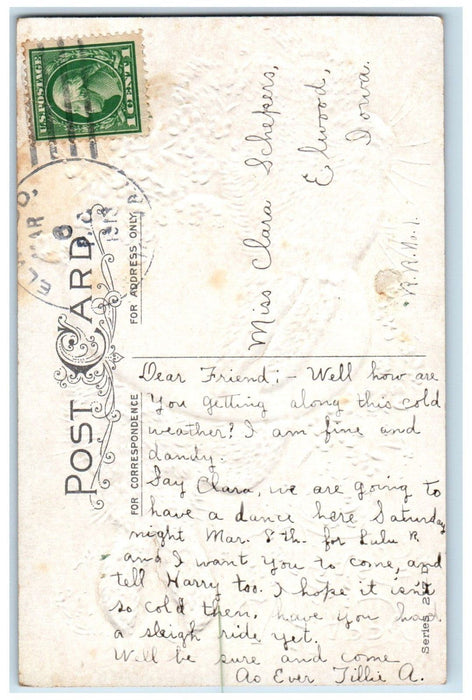 1913 Easter Rabbit Egg Pansies Flowers Embossed Elwood Iowa IA Antique Postcard