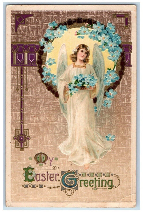1912 Easter Greeting Angel Pansies Flowers Embossed Dubuque Iowa IA Postcard