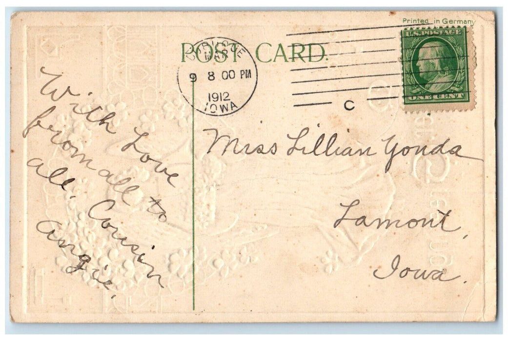 1912 Easter Greeting Angel Pansies Flowers Embossed Dubuque Iowa IA Postcard
