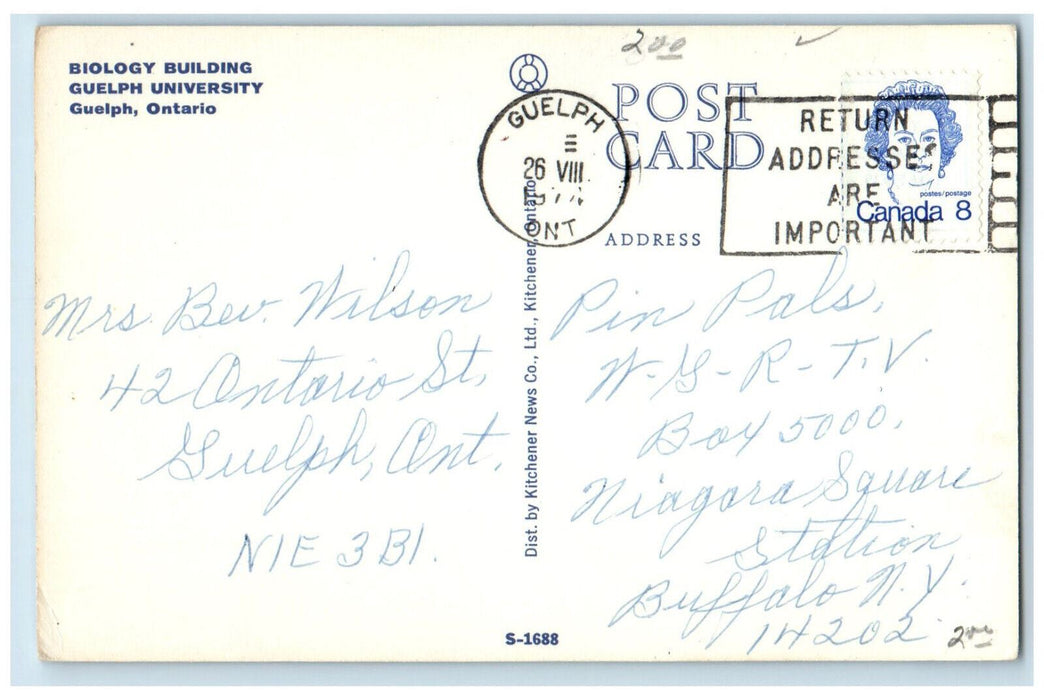 1974 Biology Building Guelph University Guelph Ontario Canada Postcard