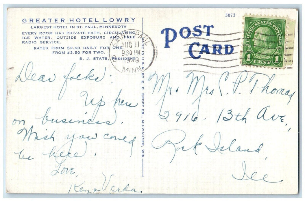 1938 New Hotel Lowry 4th and Wabash Street St. Paul Minnesota MN Postcard