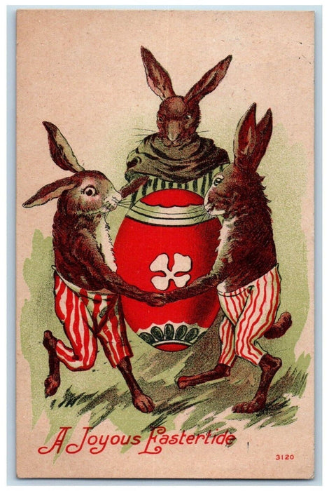 1909 Easter Anthropomorphic Rabbits Playing Egg Cascade Iowa IA Antique Postcard